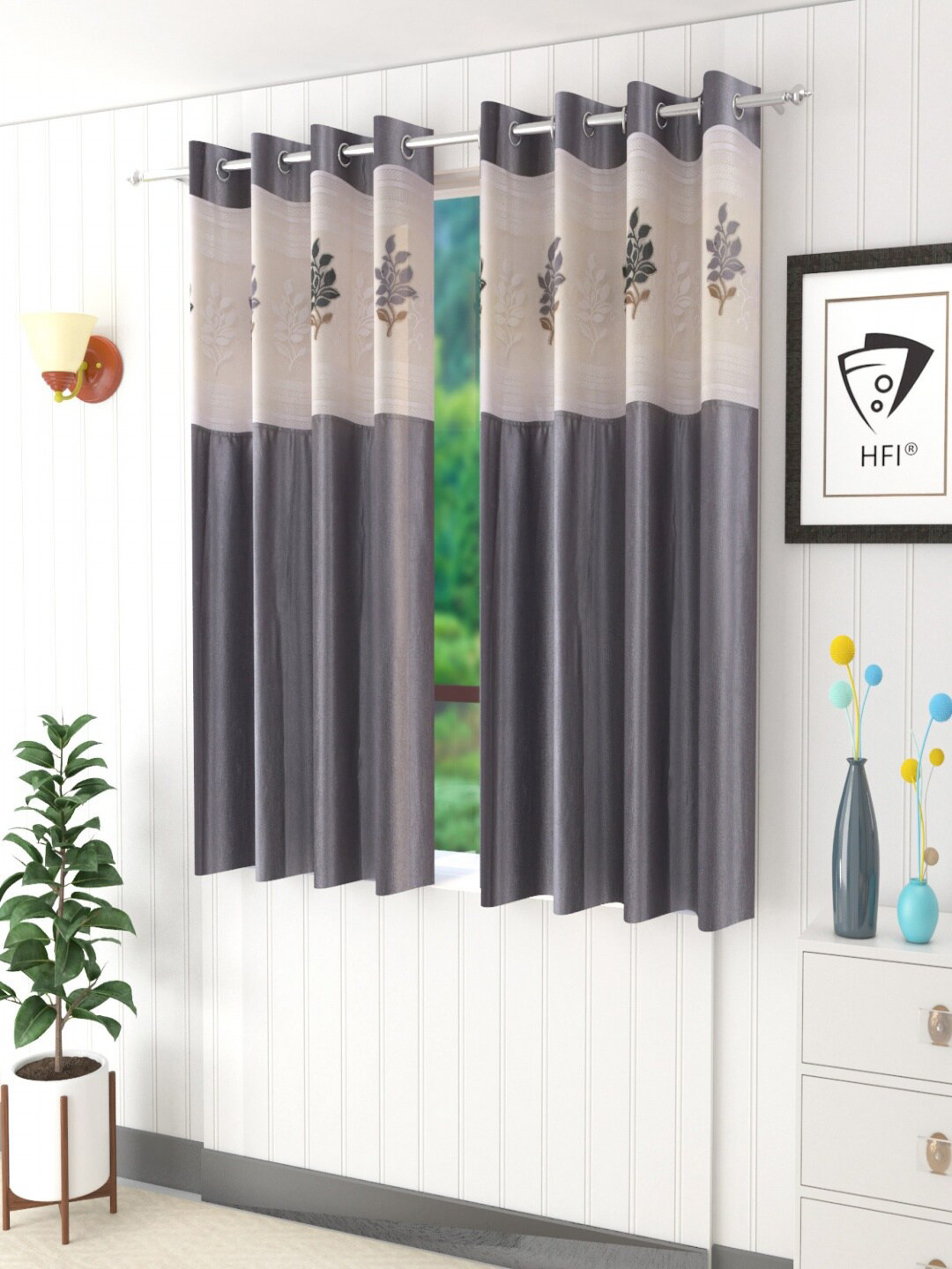 Homefab India Grey & Beige Set of 2 Sheer Window Curtain