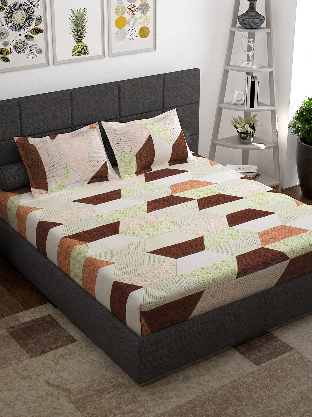 Story@home Cream Geometric Cotton 144 TC Queen Bedsheet with Pillow Covers - 88x100 In