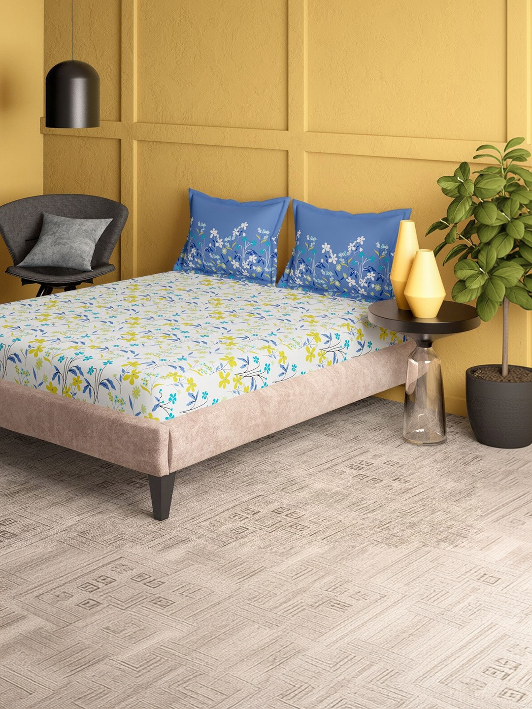 Portico Marvella 44 TC Pure Cotton Blue & Yellow Double Bedsheet & 2 Pillow Covers