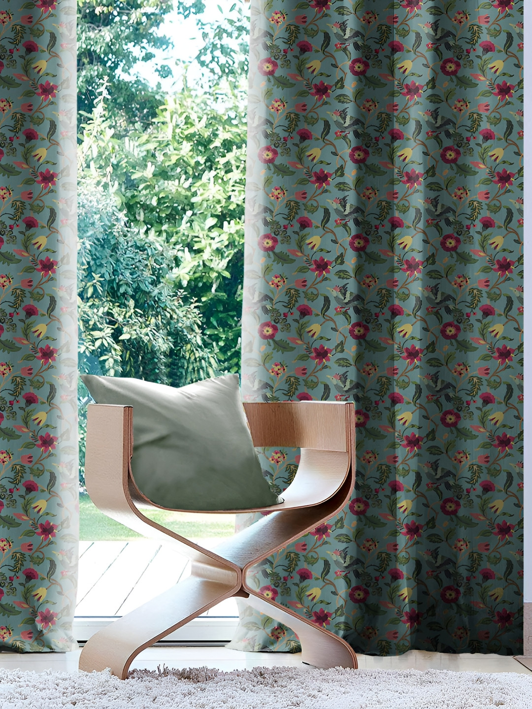 CASABLEU Sea Green 2 Pieces Floral Black Out Door Curtains