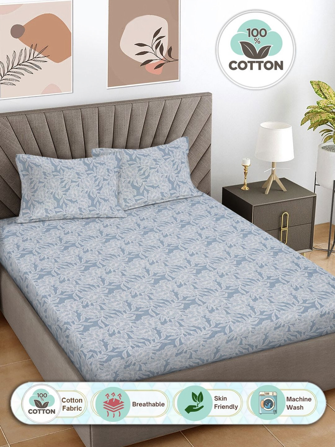 Myntra Elegant Homes Blue Floral Pure Cotton Breathable 300 TC King Superfine Bedsheet with 2 Pillow Covers-98 x 89 inches