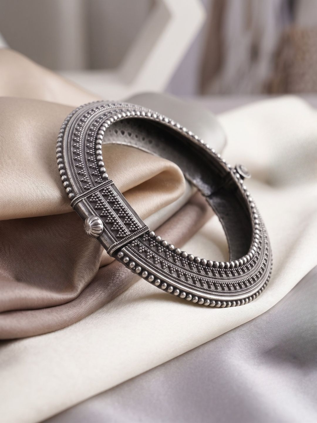 Adwitiya Collection Silver-Plated Beaded Oxidised Kada Bangle