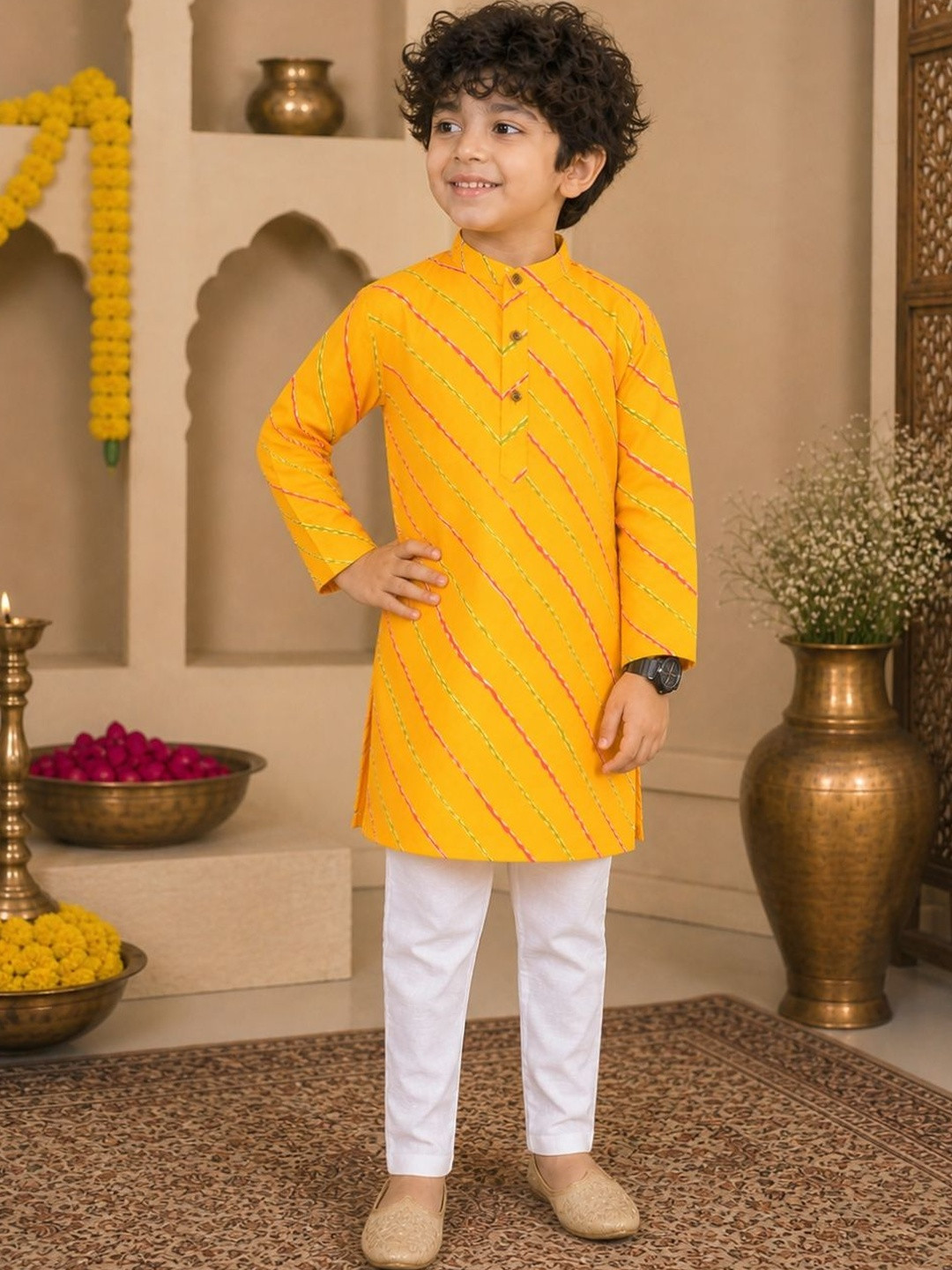 Superminis Boys Leheriya Printed Regular Pure Cotton Kurta with Pyjamas Set