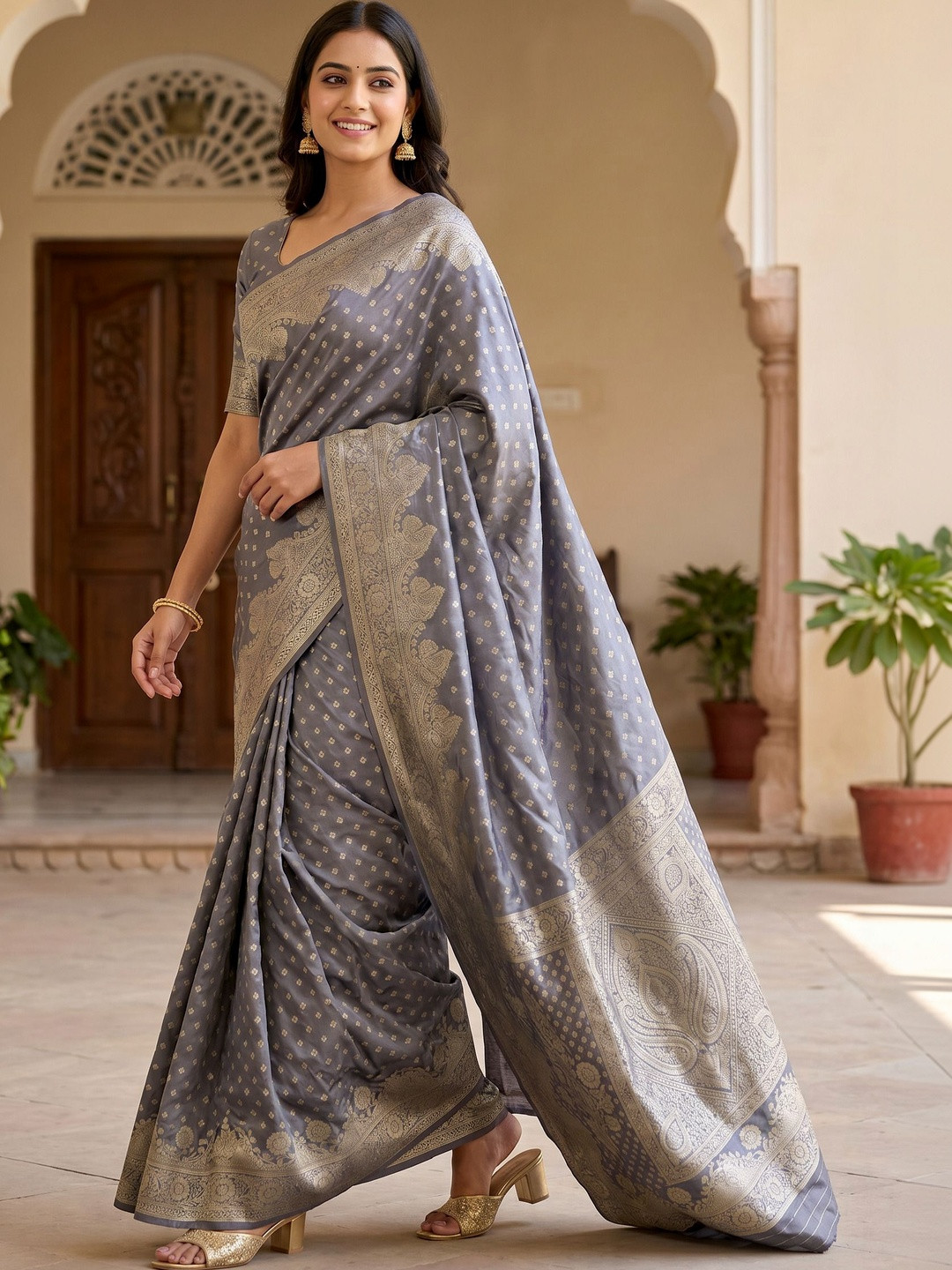 KRISHNA KURTIES Ethnic Motifs Zari Art Silk Banarasi Saree