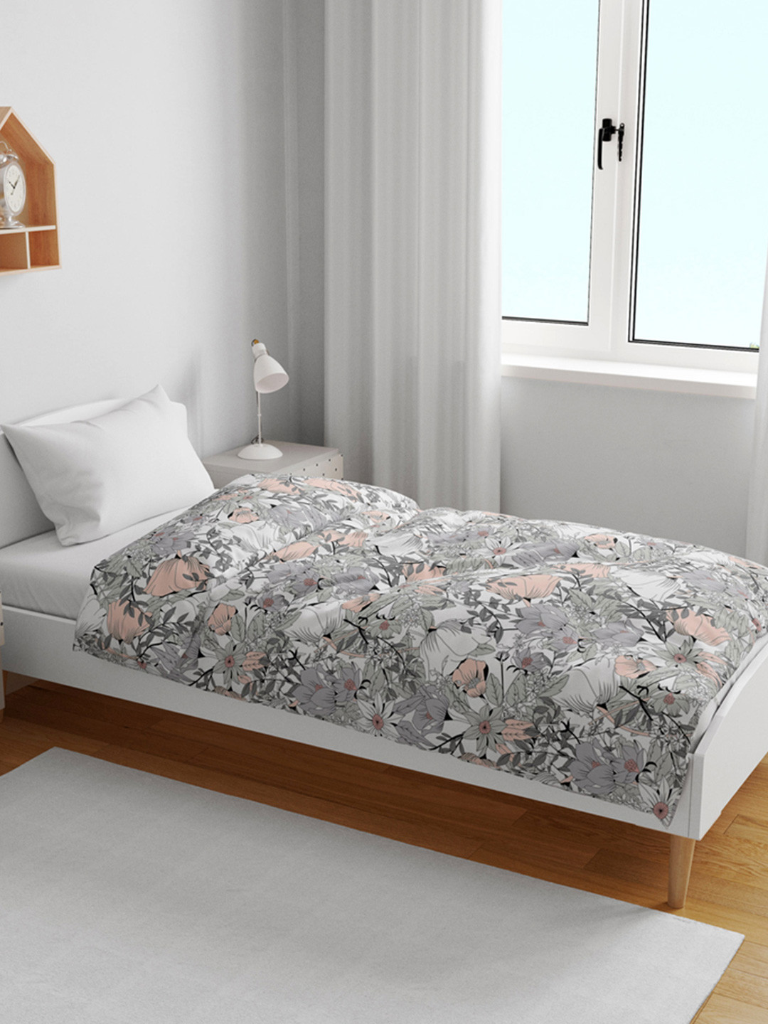 Divine Casa Blush Grey Floral Cotton AC Room 120 GSM Reversible Single Kids Dohar Blanket