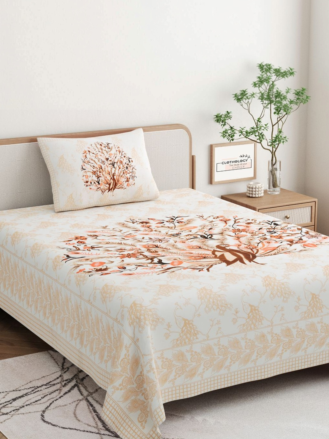 CLOTHOLOGY Rust & Cinnamon Dancing Peacock Mayura Bagh Cotton Single Flat 180 TC Jaipuri Prints Bedsheet Set