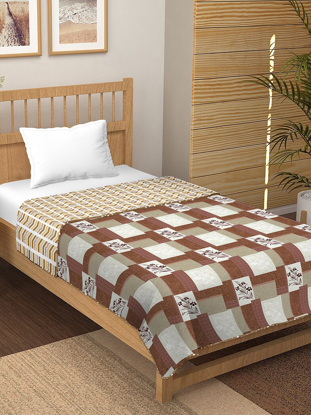 BELLA CASA Brown & Grey Geometric AC Room 210 GSM Pure Cotton Reversible Single Bed Dohar