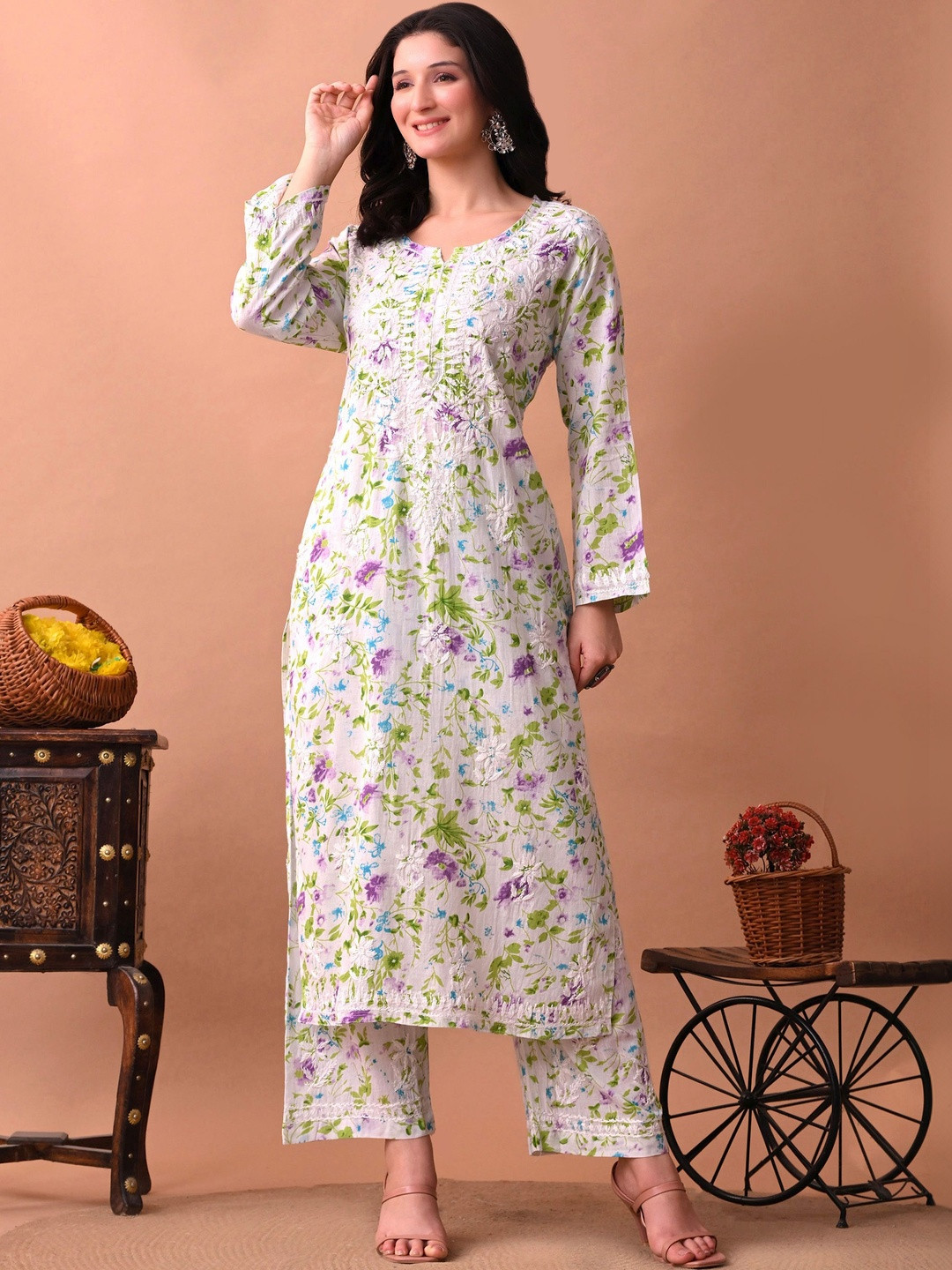 Syrish Floral Embroidered Round Neck Thread Work Kurta With Palazzos