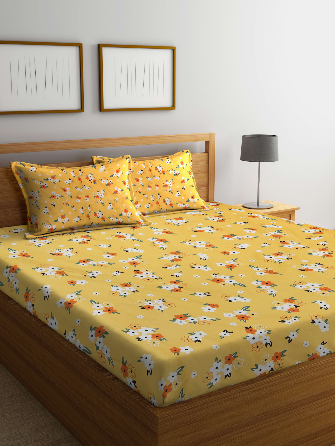 KLOTTHE Yellow Floral Fitted 300 TC King Fine Bedsheet with 2 Pillow Covers-250X225 cm