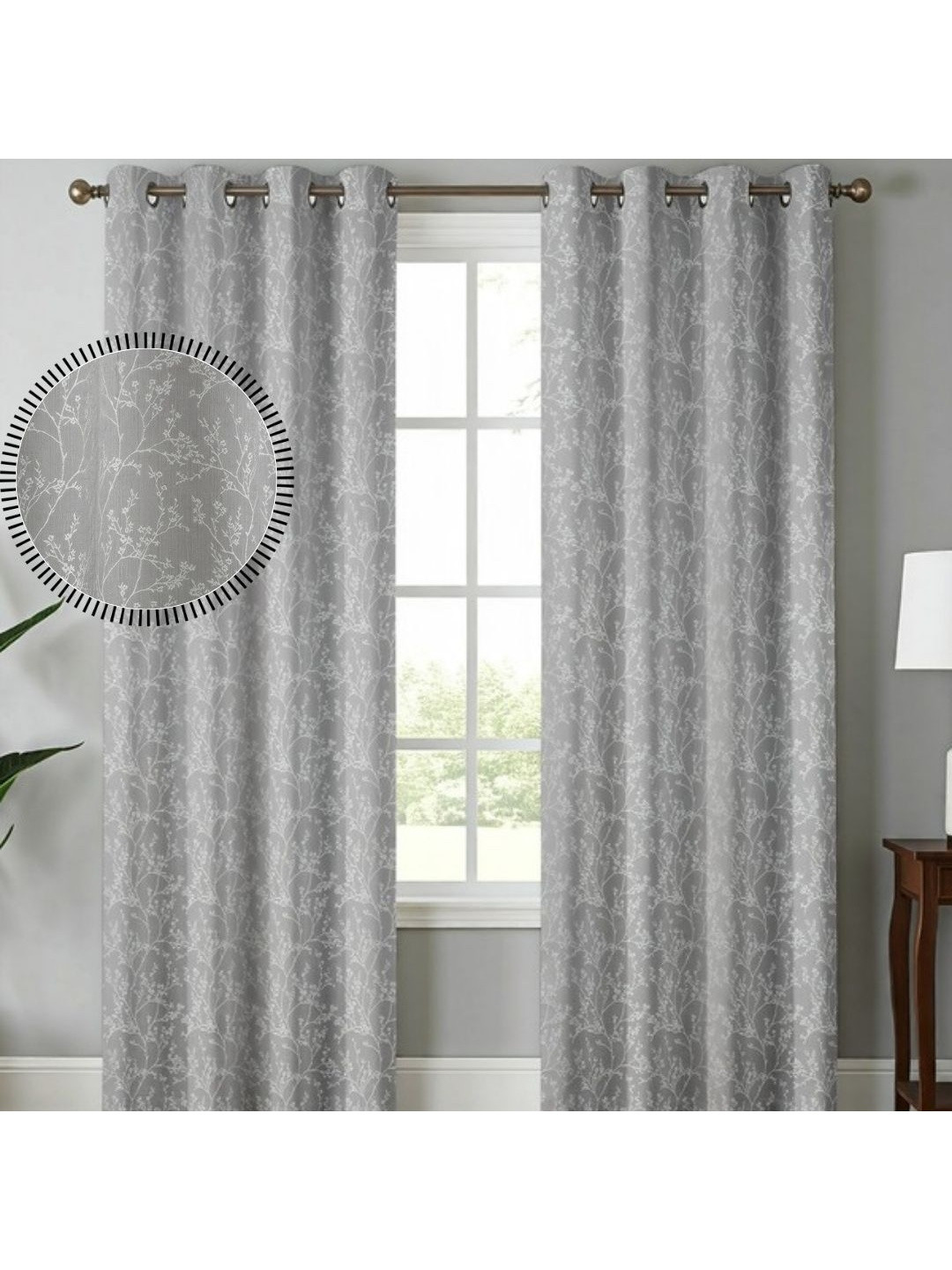 GEET CREATIONS Grey Set of 2 Floral Room Darkening Door Curtain