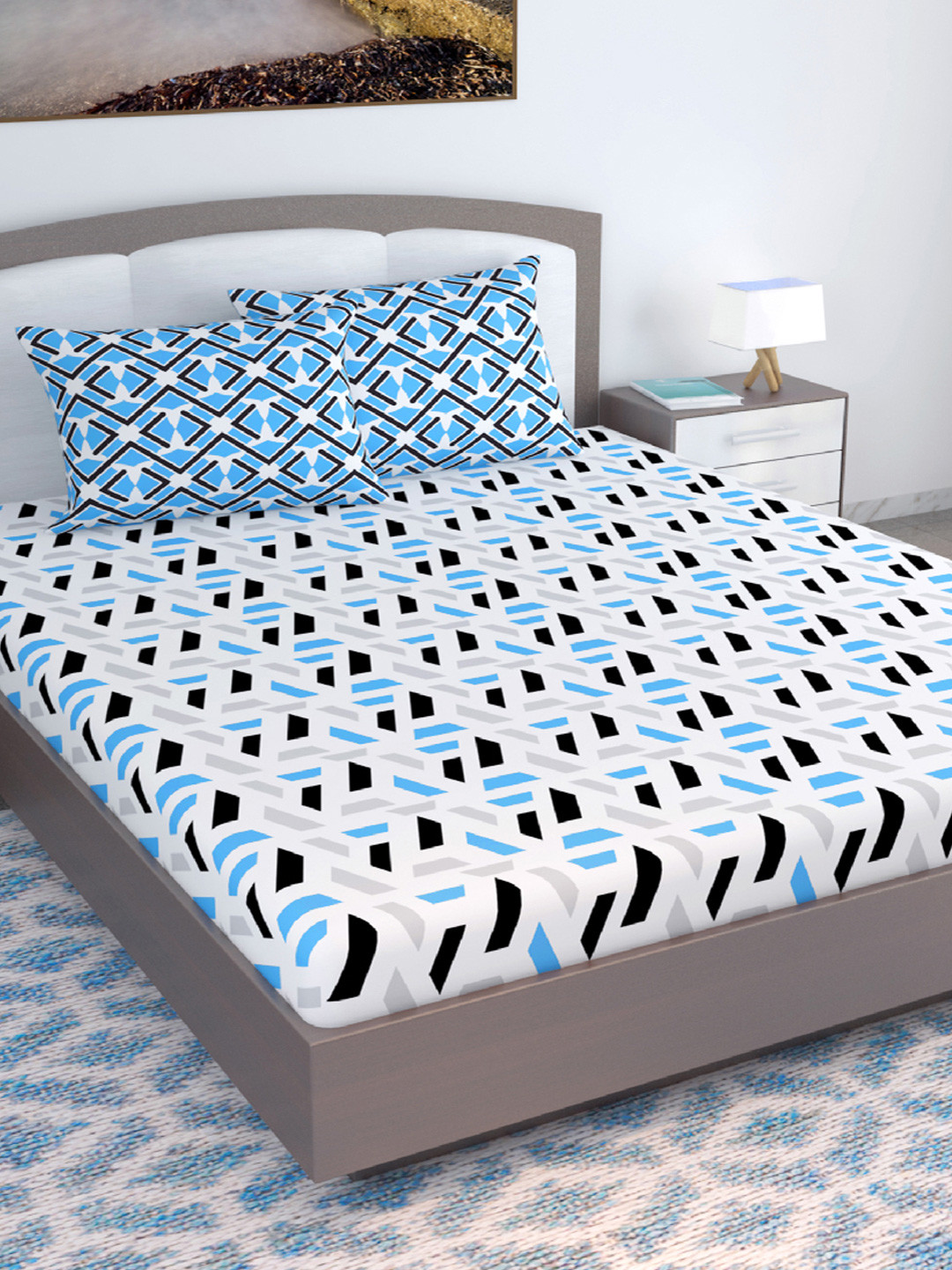 Divine Casa Grey & Blue Abstract Cotton 144 TC King Bedsheet with 2 Pillow Covers