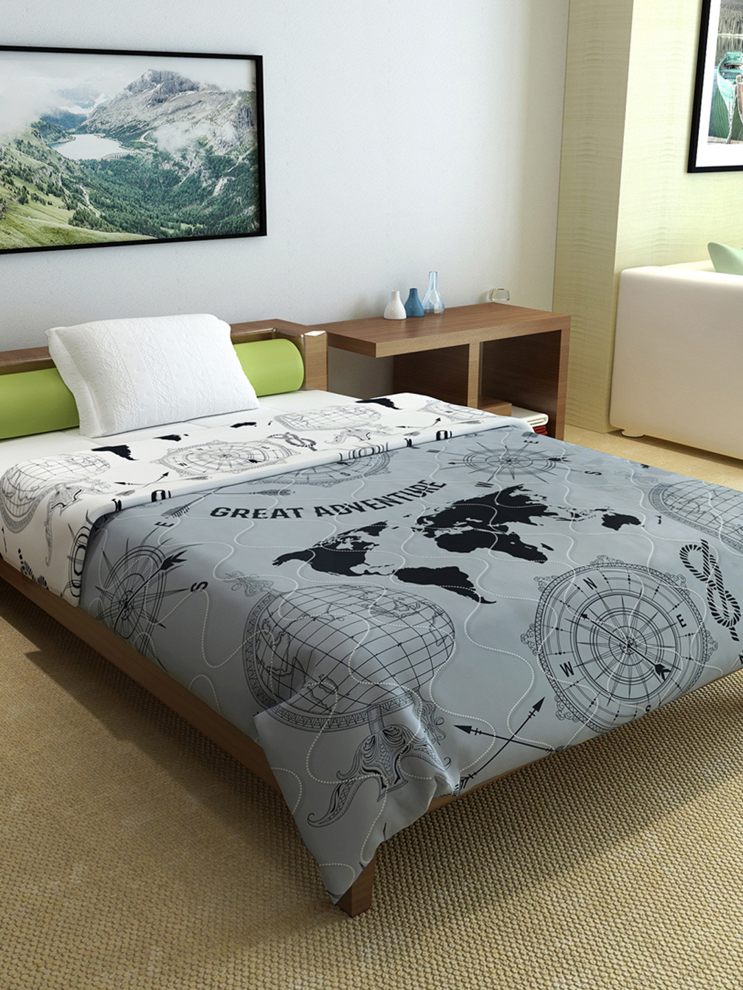 Stonewash Grey Geographic Microfiber Mild Winter 120 GSM Reversible Single Bed Comforter