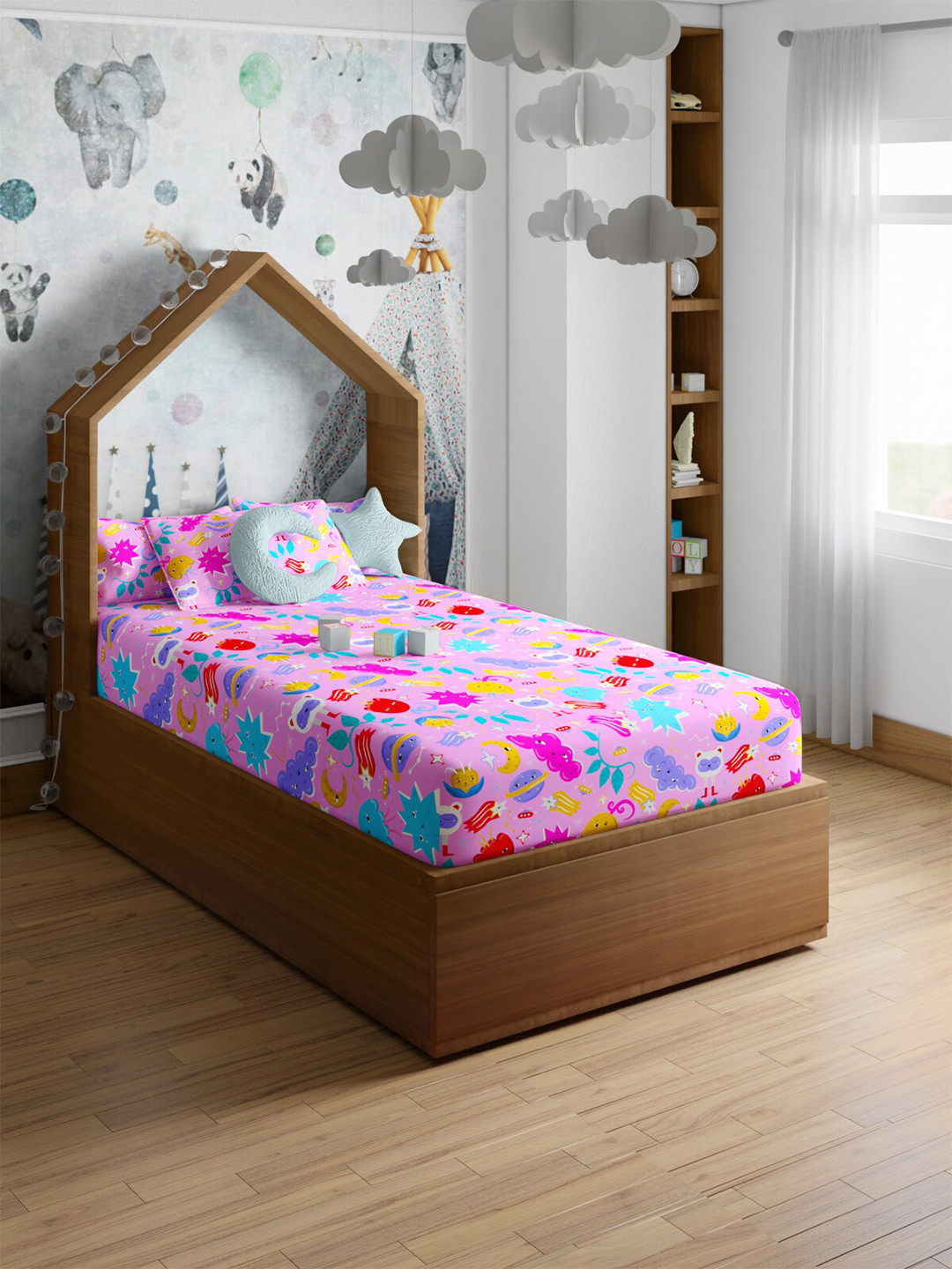 PETAL HOME Pink Conversational Pure Cotton Breathable 200 TC Fitted Single Fine Bedsheet with a Pillow Cover-87 x 59 inches