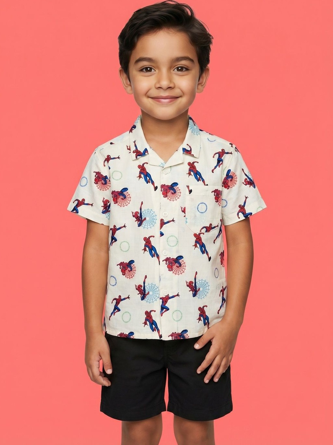 Nauti Nati Boys Spiderman Printed Short Sleeves Cotton Linen Shirt With Shorts