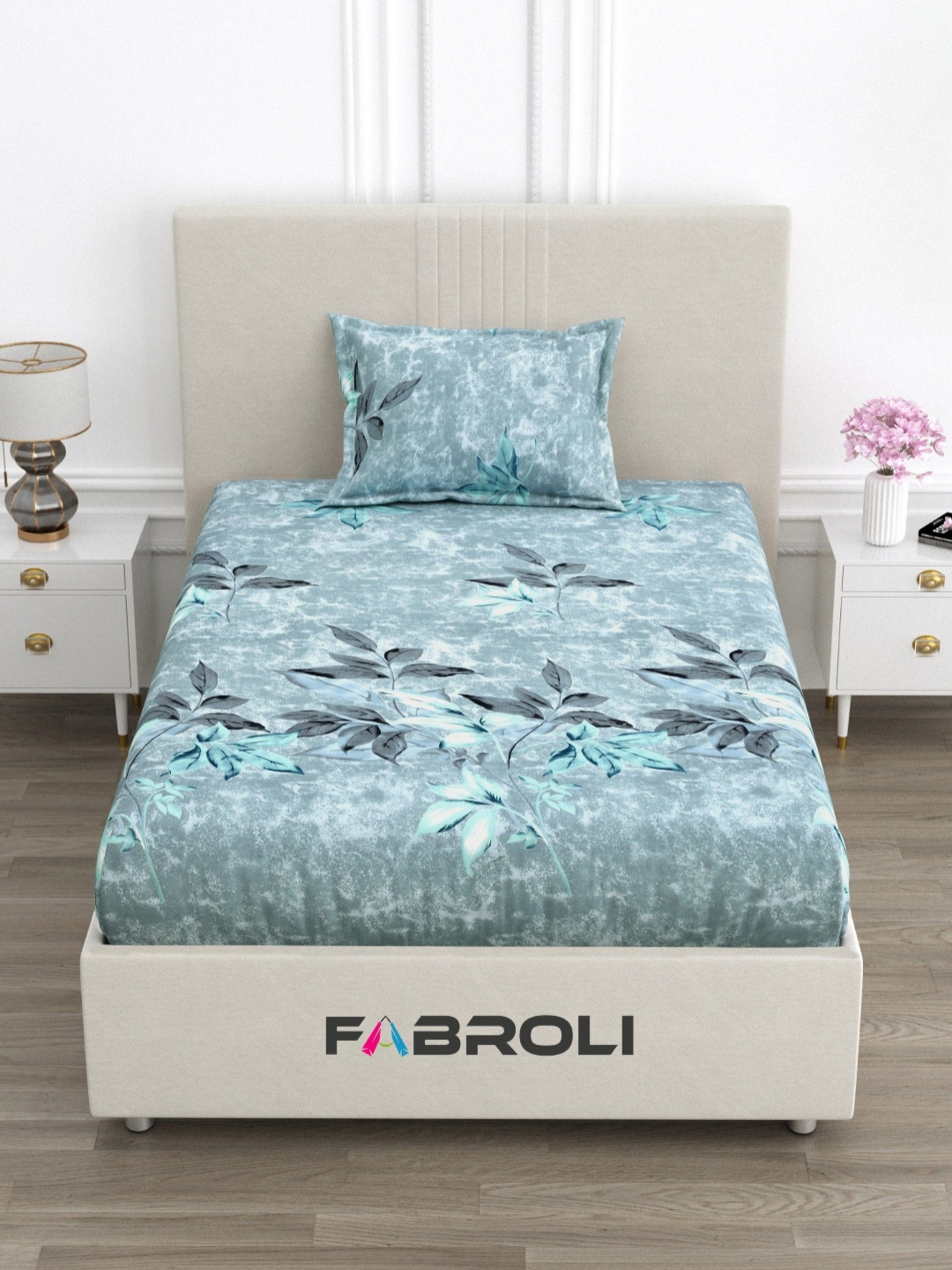 FABROLI Blue Floral Cotton 300 TC Single Superfine Bedsheet with a Pillow Cover-90 x 60 inches