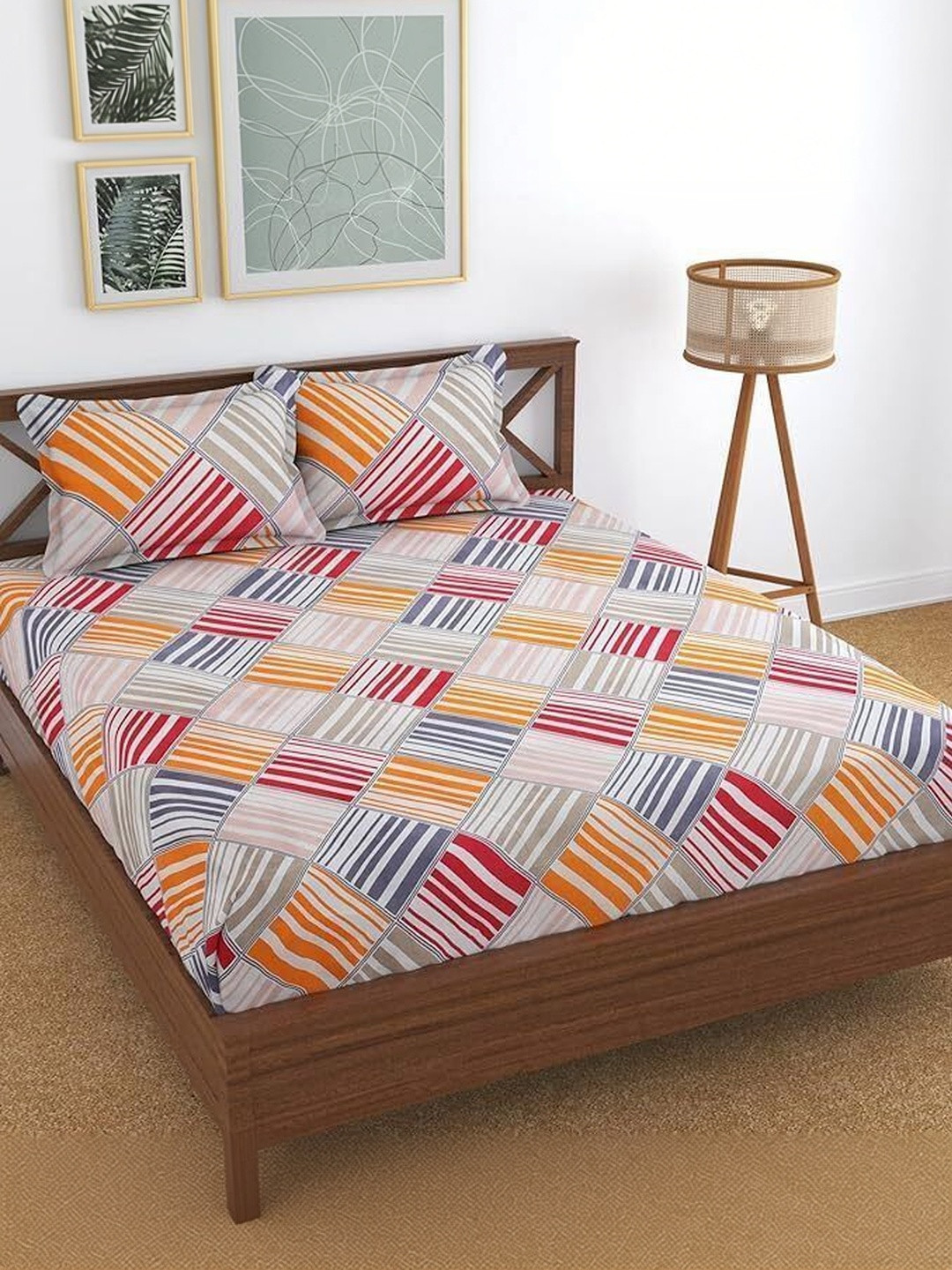 Panipat Textile Hub Multicoloured Geometric 210 TC King Bedsheet with 2 Pillow Covers