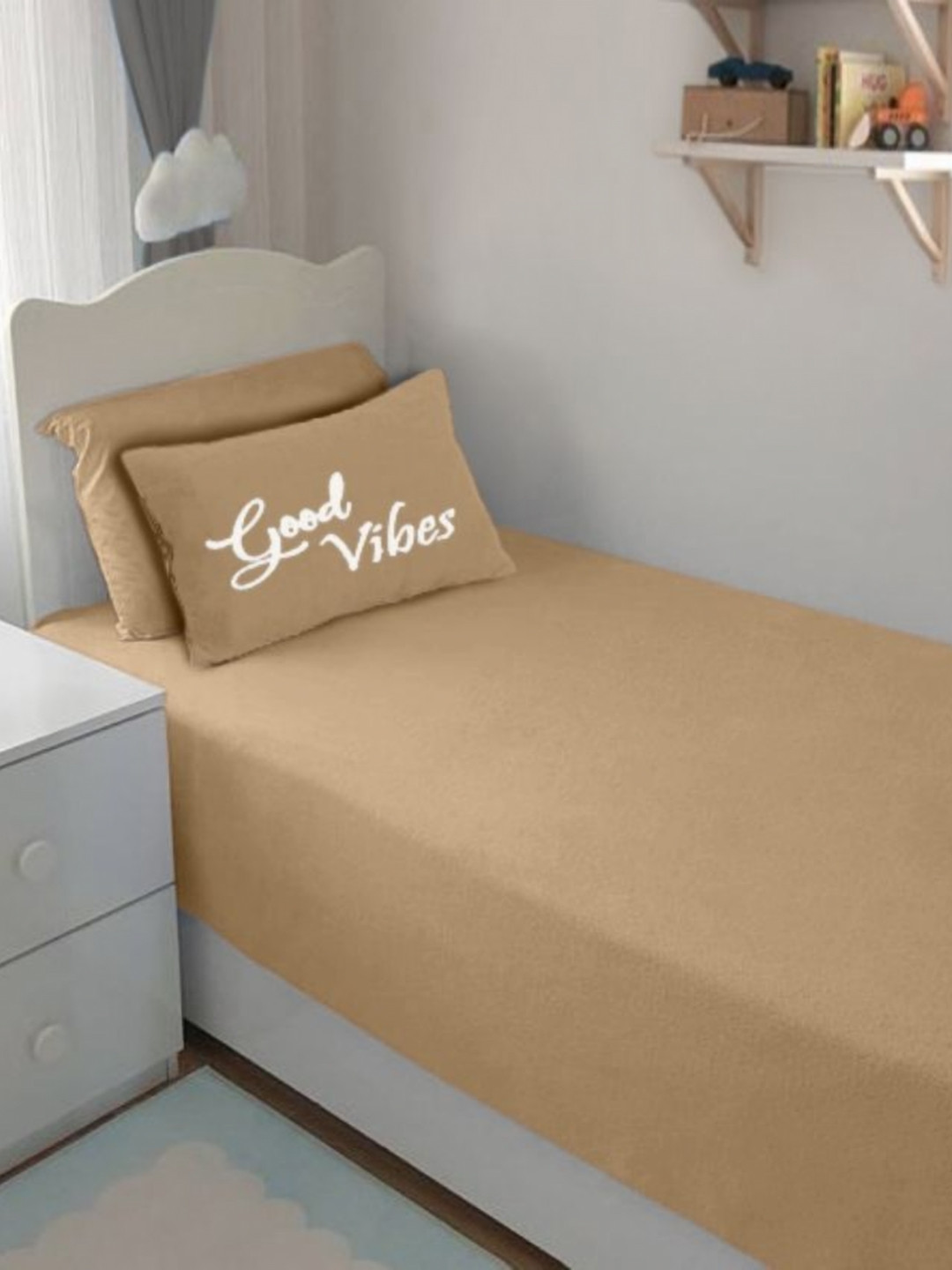 Bodycomfy Beige Pure Cotton Jersey Fitted 400 TC Single Bedsheet Set 0.9m x 1m