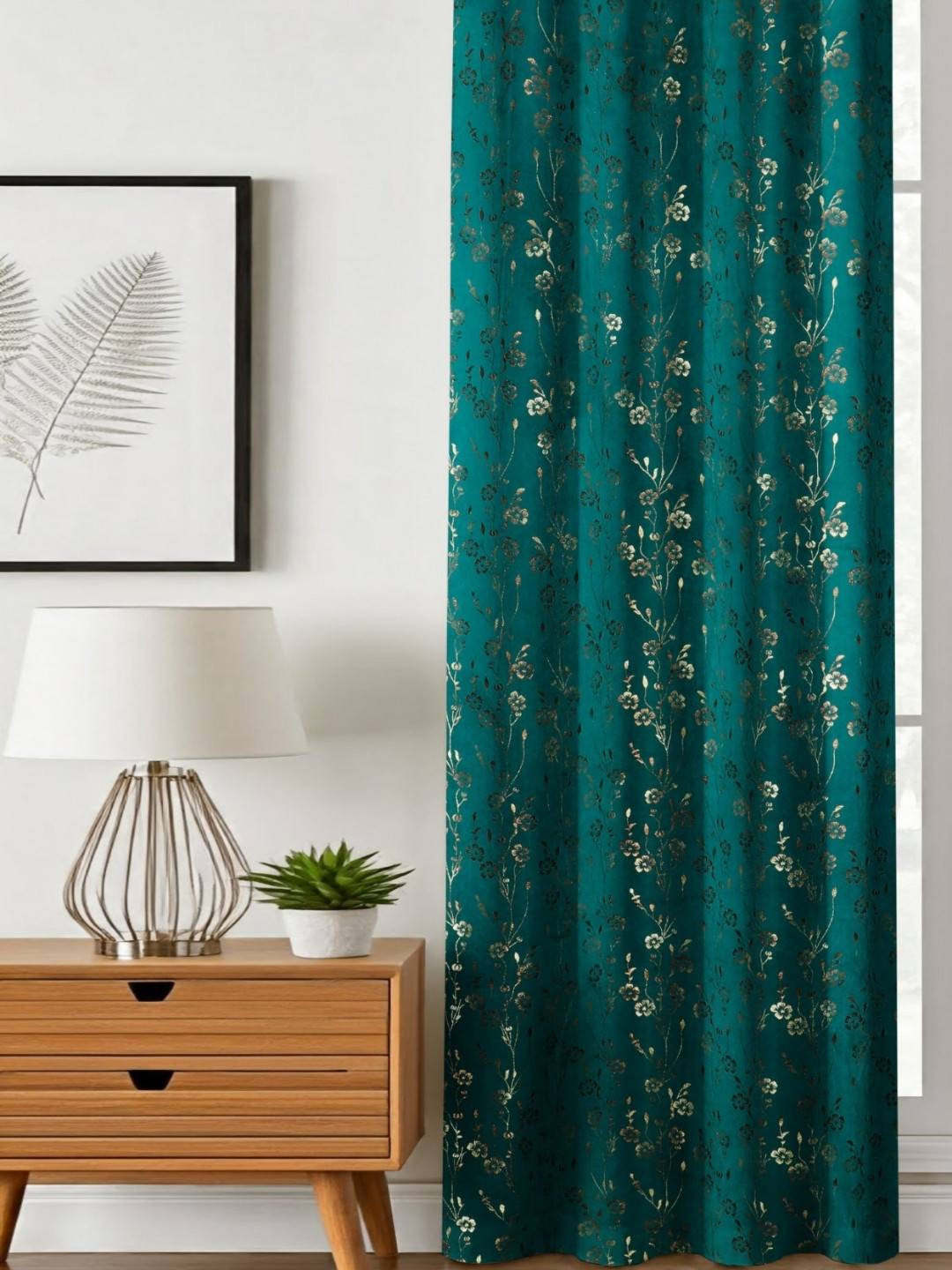 GEET CREATIONS Green & Gold-Toned Floral Velvet Room Darkening Door Curtain