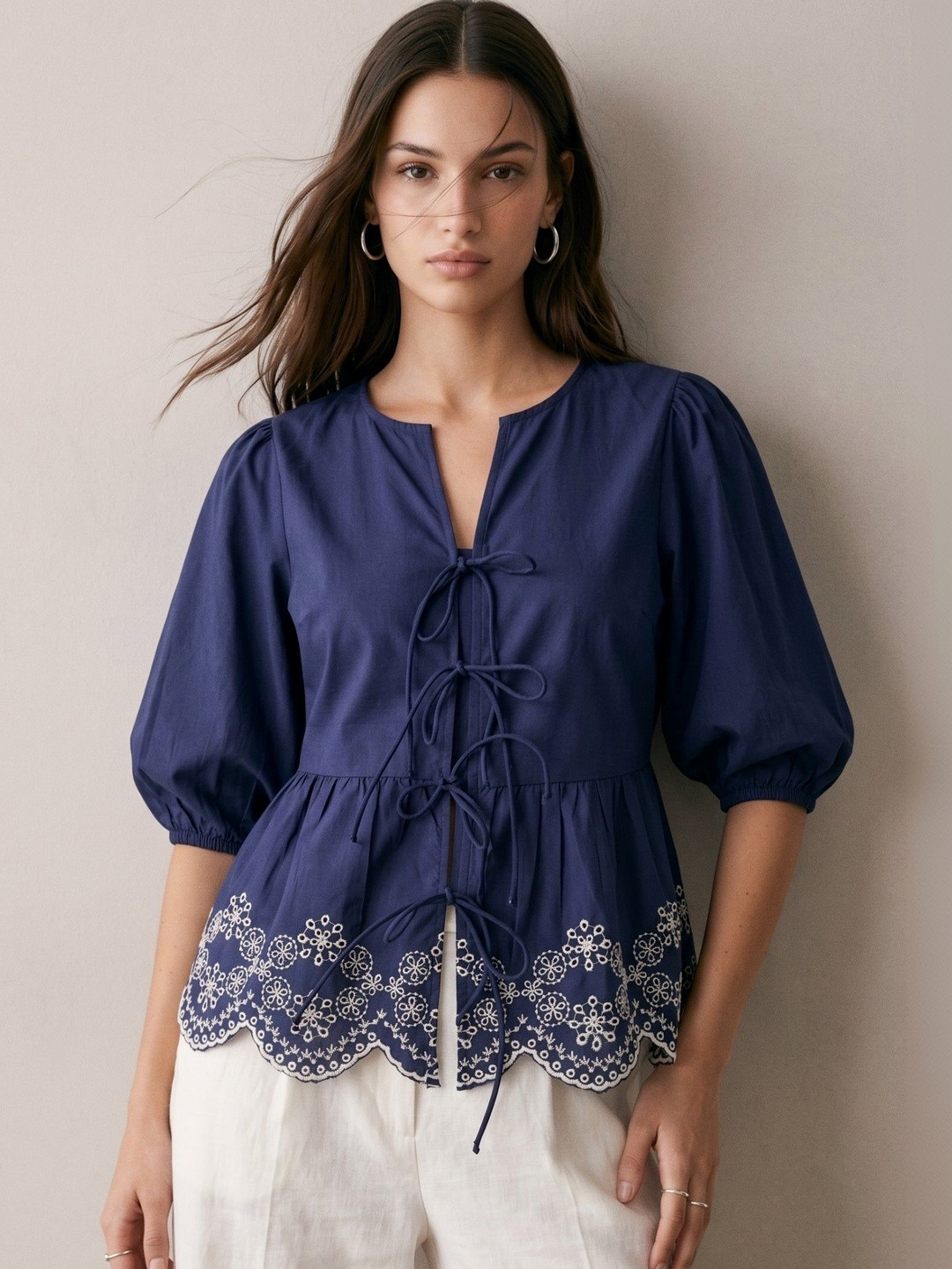 Embroidered V-Neck Puff Sleeve Peplum Top