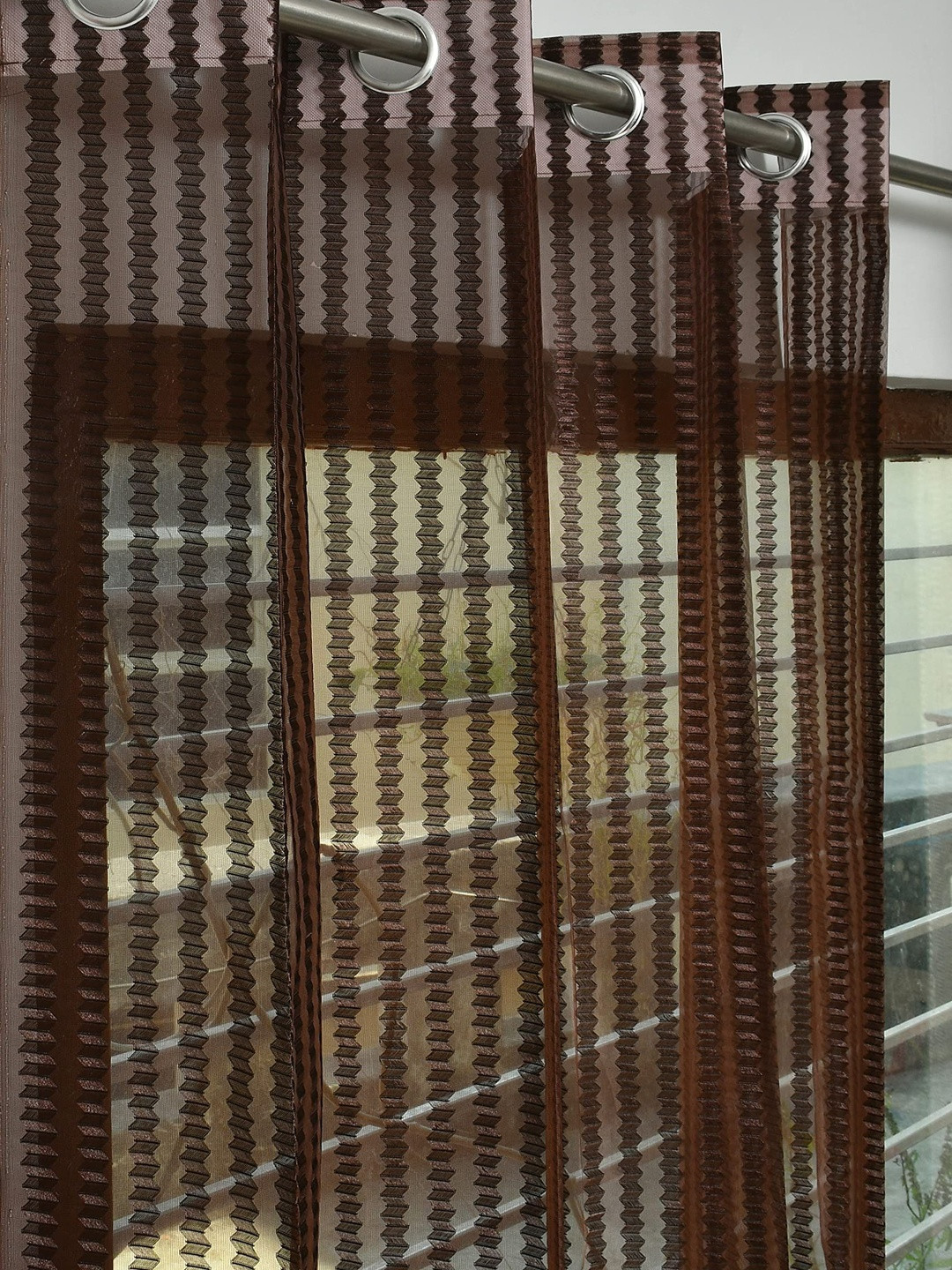 YUKANY Coffee Brown & Multicoloured Set of 2 Striped Sheer Window Curtain
