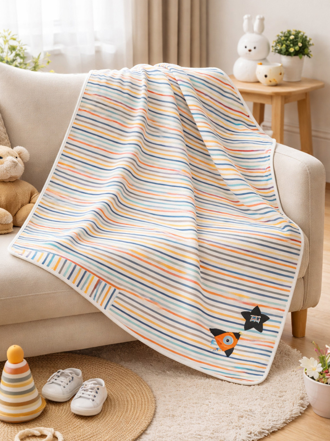MeeMee White & Orange Striped AC Room 300 GSM Single Bed Blanket