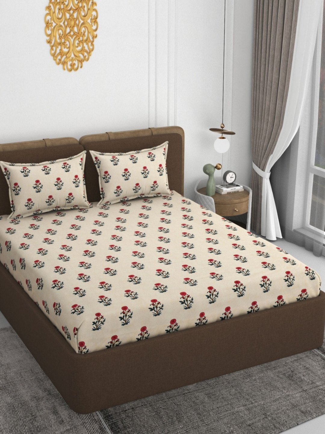 VOMZER Beige Floral Cotton 210 TC Fitted Queen Superfine Bedsheet with 2 Pillow Covers-72 x 72 inches