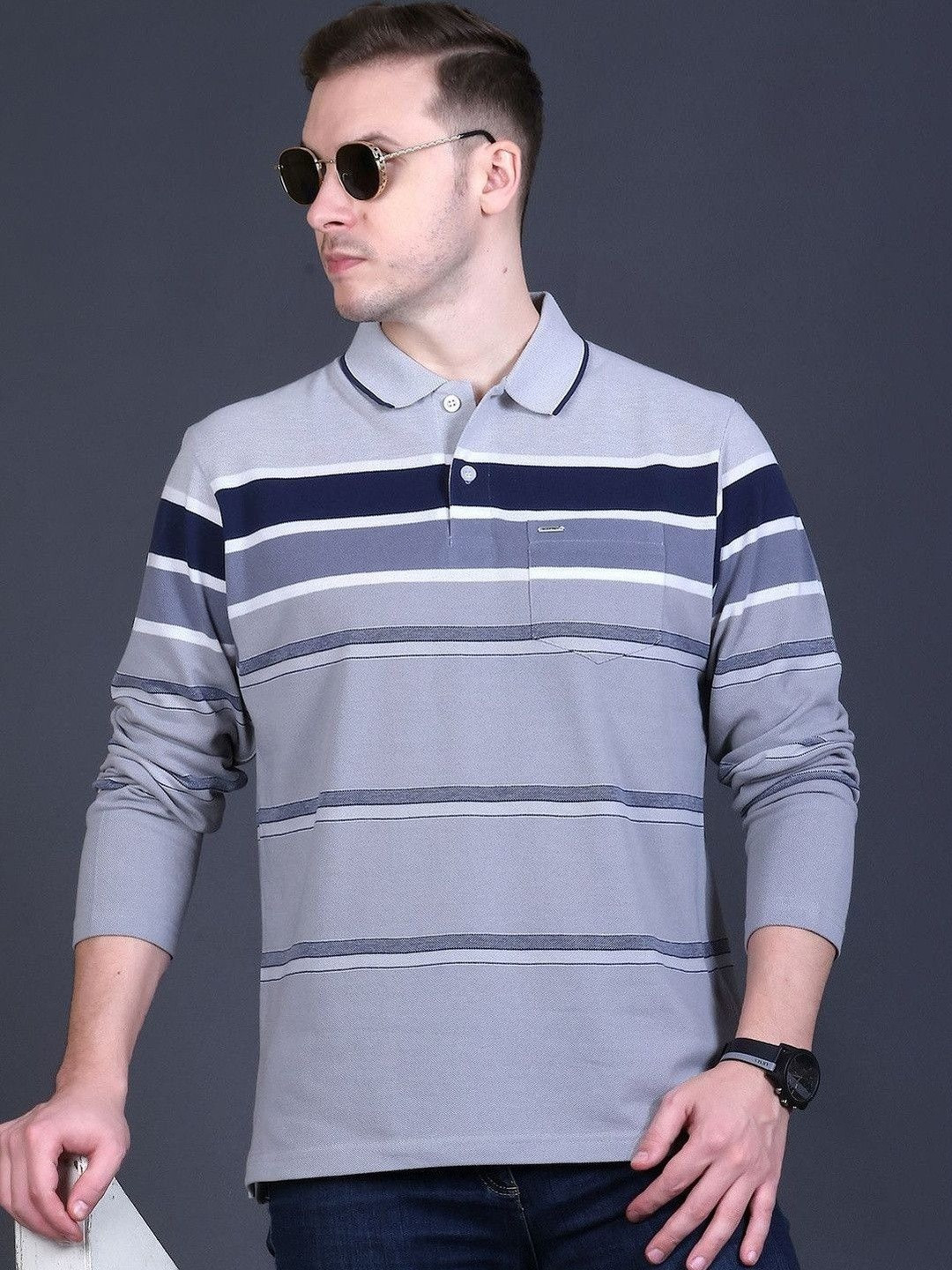 GODFREY Men Striped Polo Collar Pockets T-shirt
