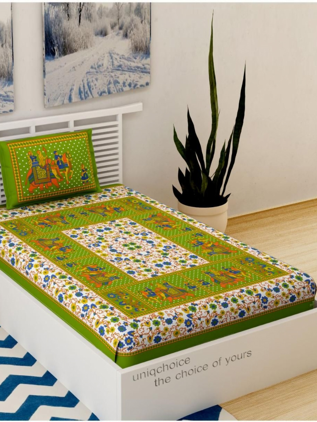 UNIQCHOICE Green Graphic Pure Cotton 120 TC Single Bedsheet with a Pillow Cover-89 x 59 inches