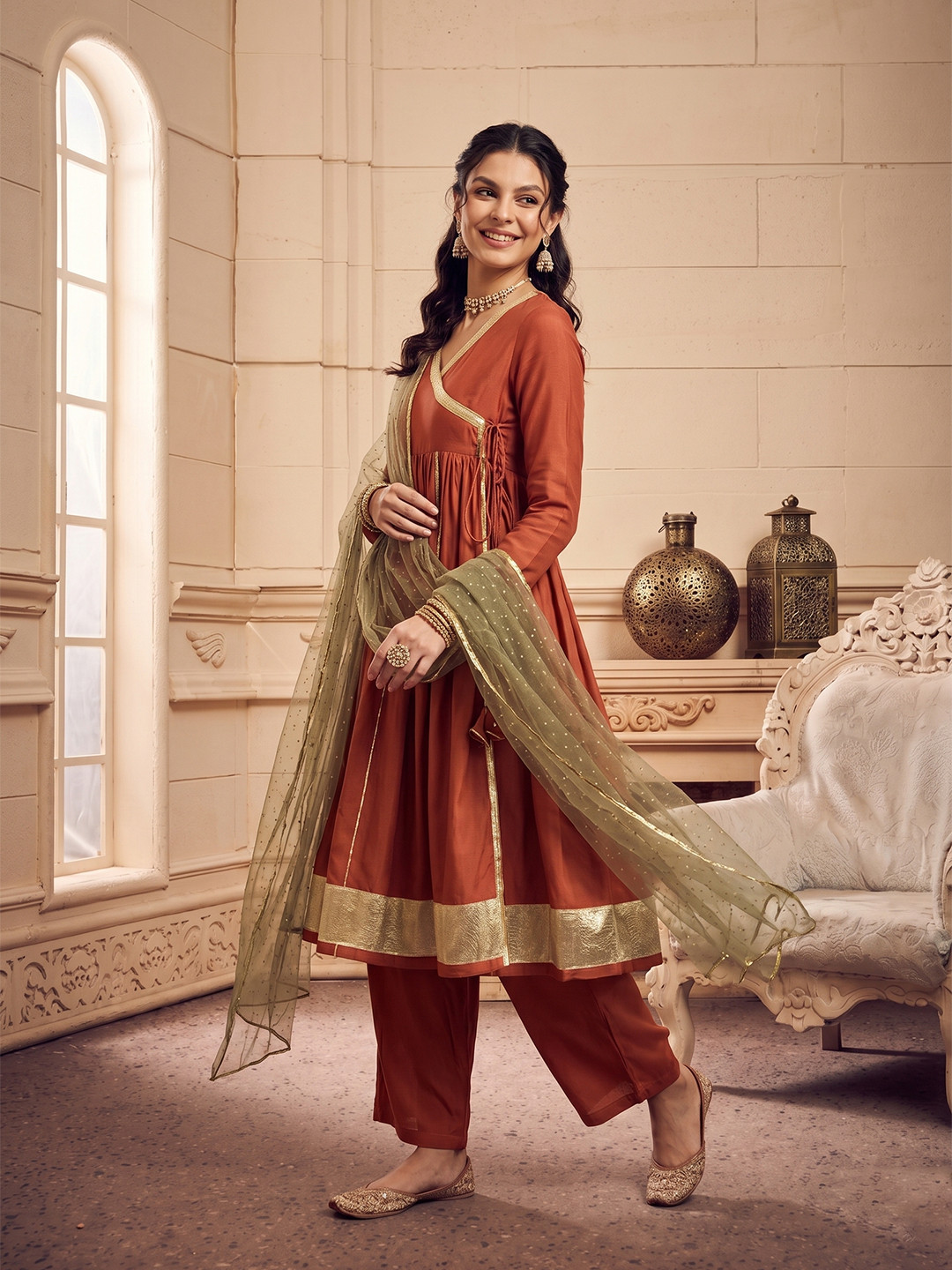 House of Pataudi V-Neck Angrakha Anarkali Jashn Kurta & Palazzos With Dupatta
