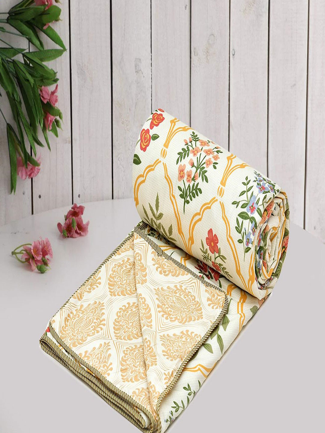 RRC White & Green Floral AC Room 120 GSM Double Bed Dohar