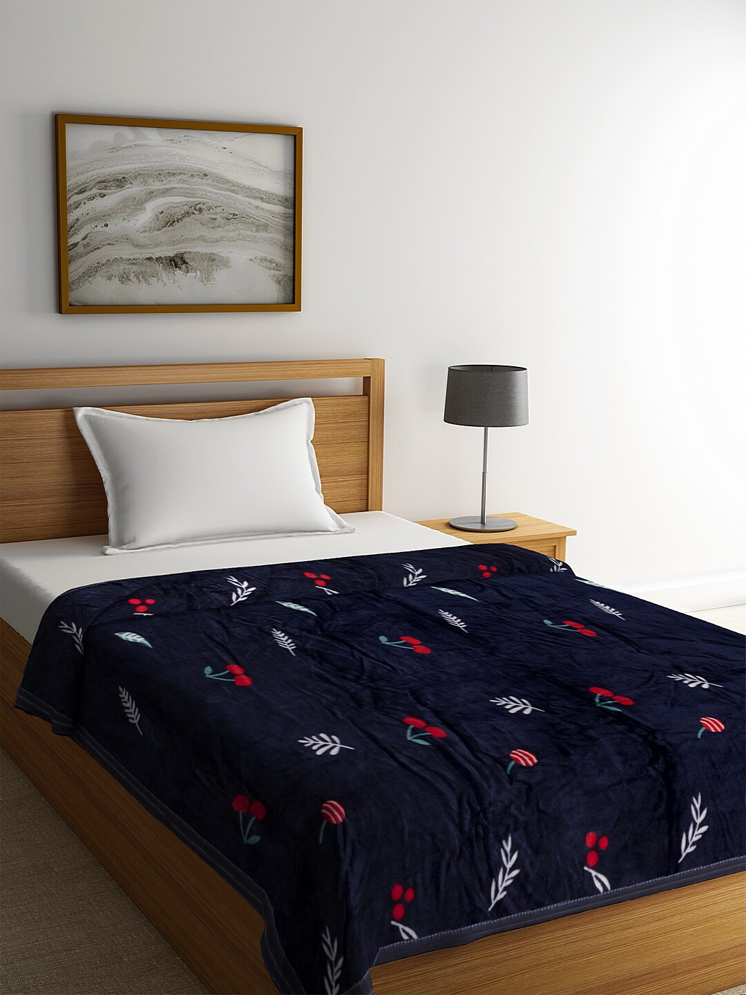 Cortina Navy Blue Floral AC Room 210 GSM Single Bed Blanket