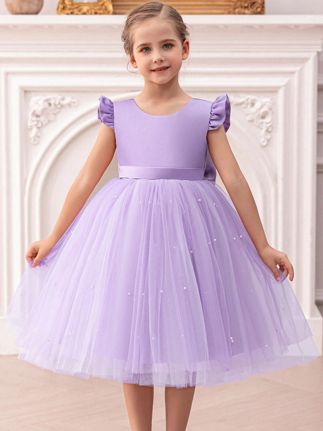 SHUBH BELLA Girls Puff Sleeve Ruffled Net A-Line Dress