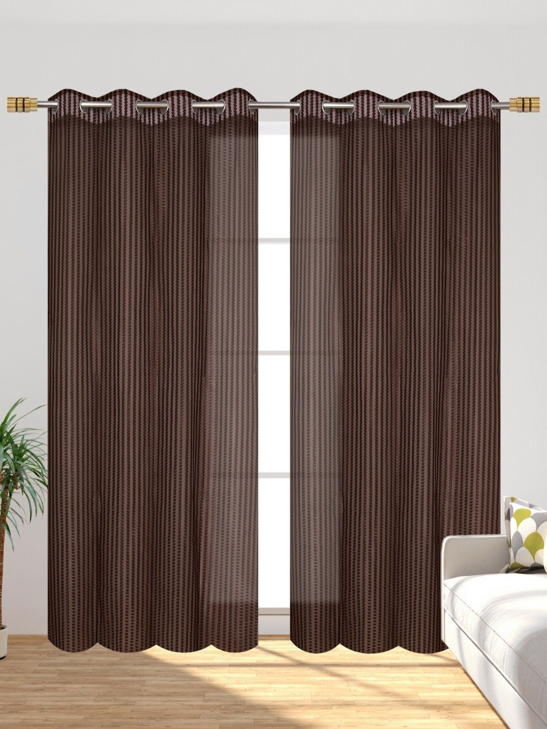 Galaxy Home Decor Coffee Brown 2 Pieces Striped Sheer Door Curtain