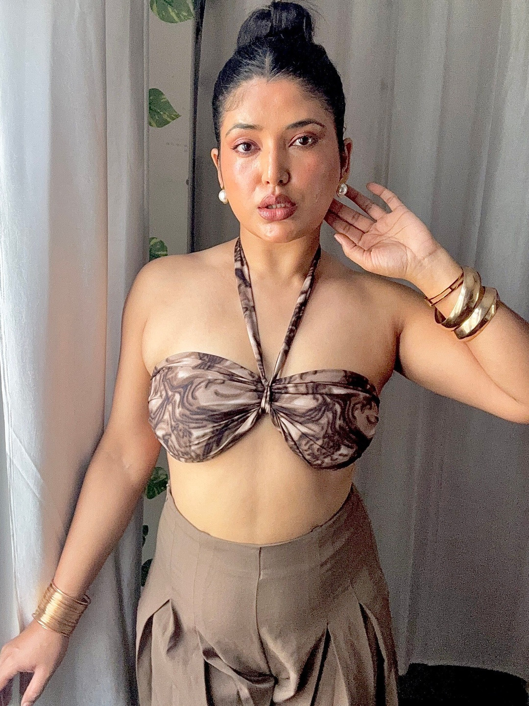 CUTOFY Print Halter Neck Crepe Bralette Top