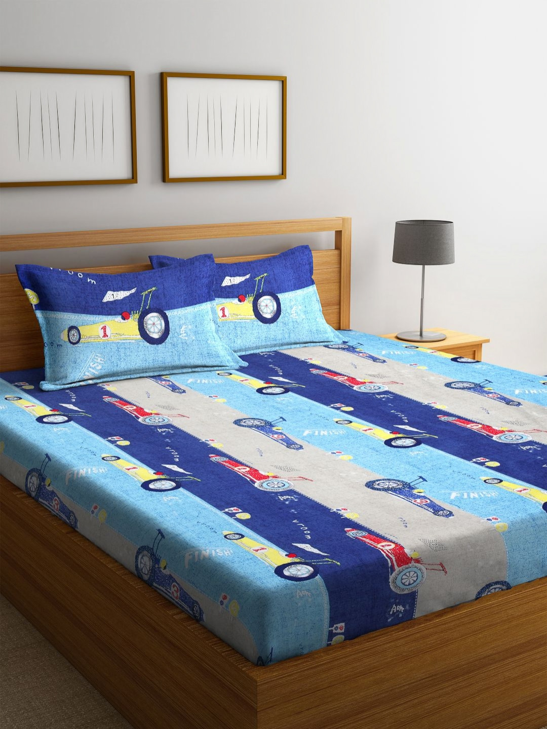 Myntra Elegant Homes Blue Cartoon Printed 300 TC King Bedsheet & 2 Pillow Covers-250x225cm