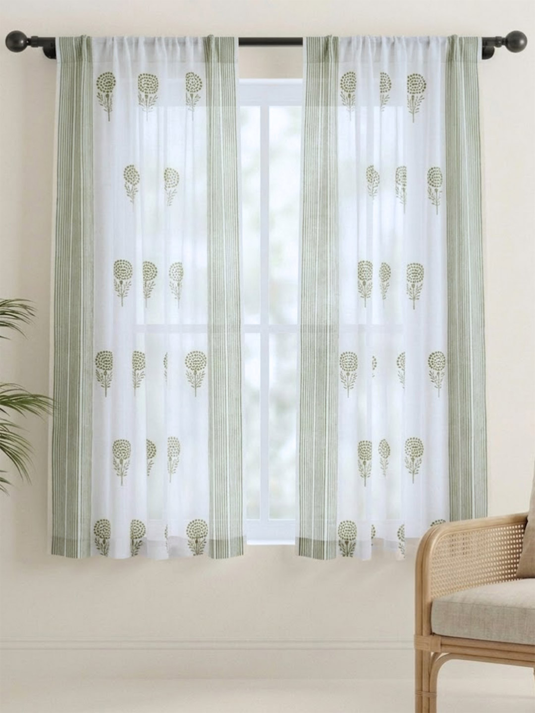 Peepul Tree Teal Green Floral Printed Sheer Cotton Window Curtain