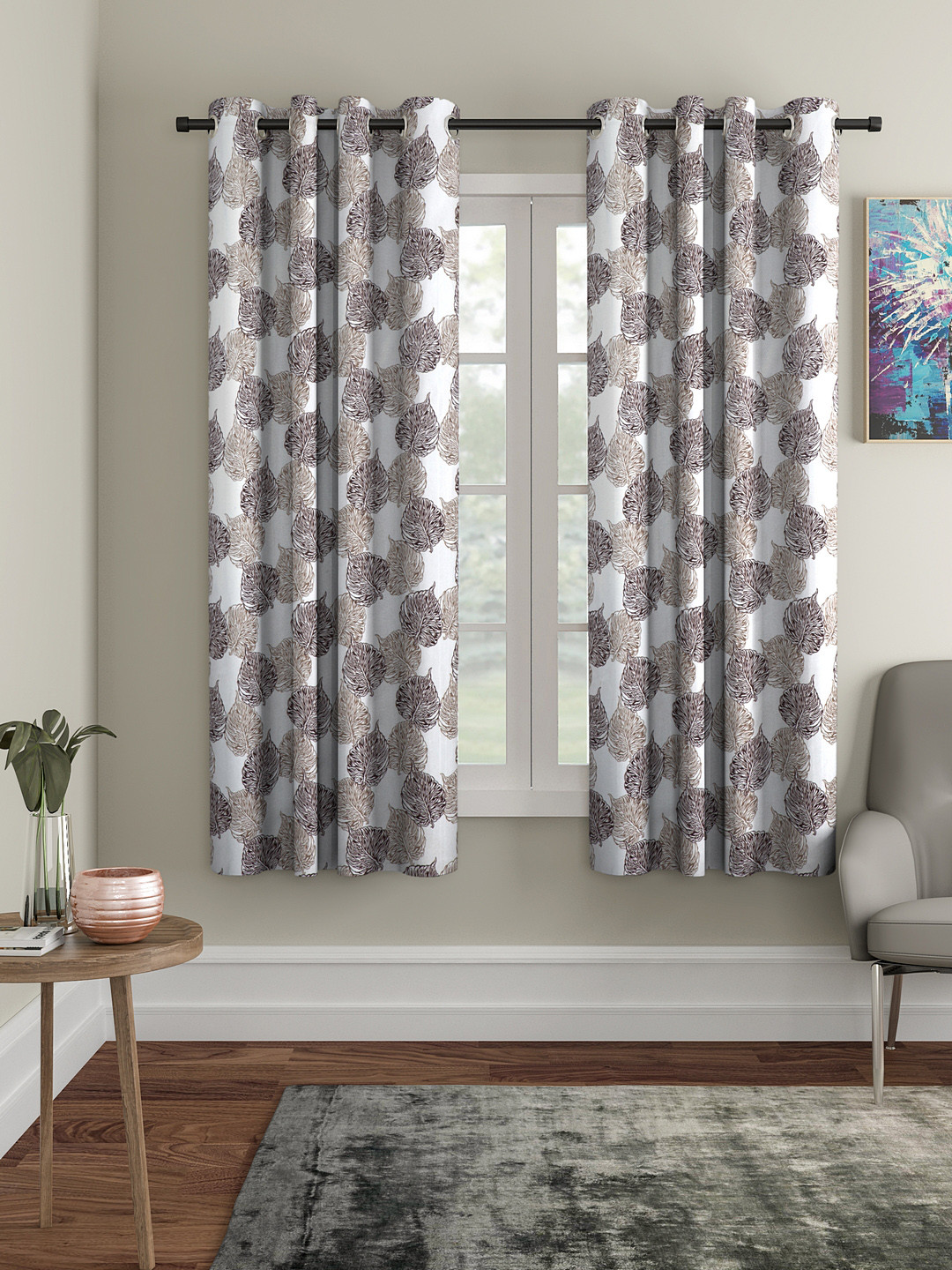 Cortina Set of 2 Brown & White Leaf Printed Window Curtains