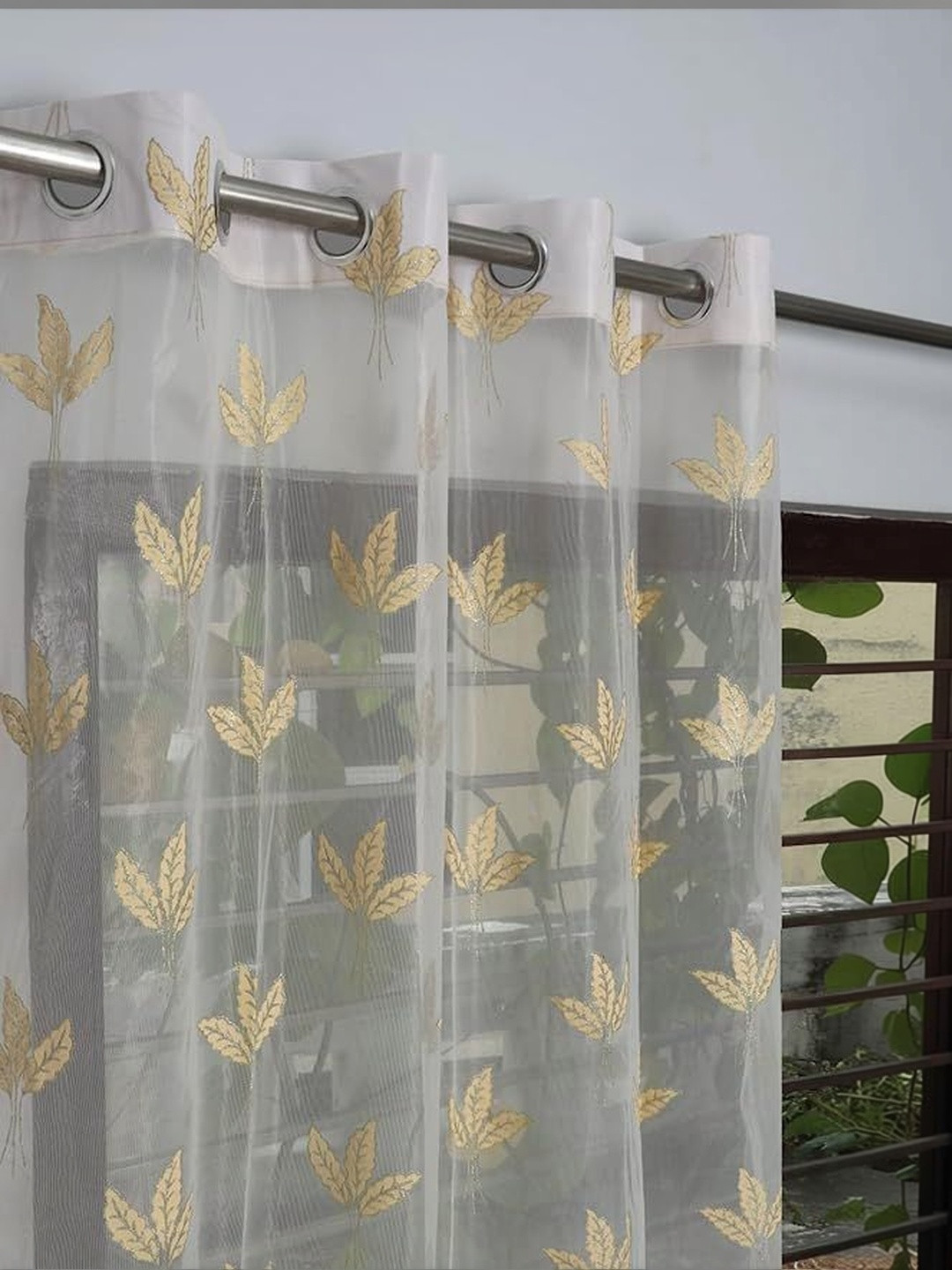 GEET CREATIONS Cream-Coloured Set of 2 Floral Sheer Long Door Curtain