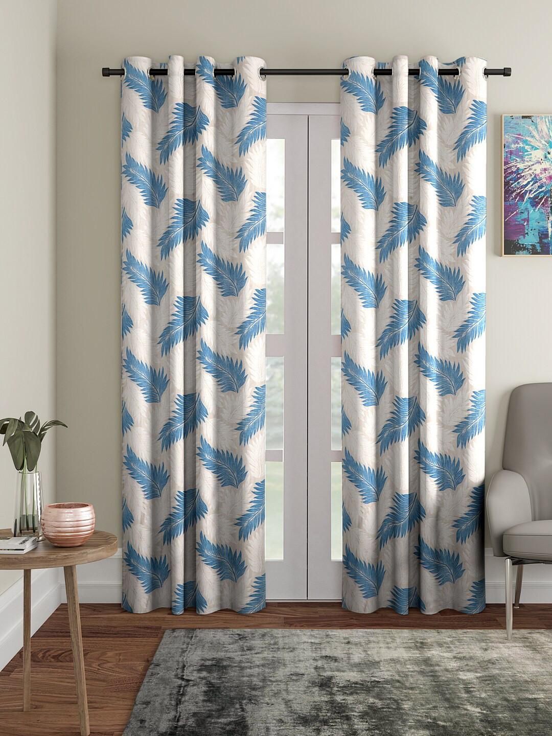Cortina Blue & Beige 2 Pieces Printed Door Curtain