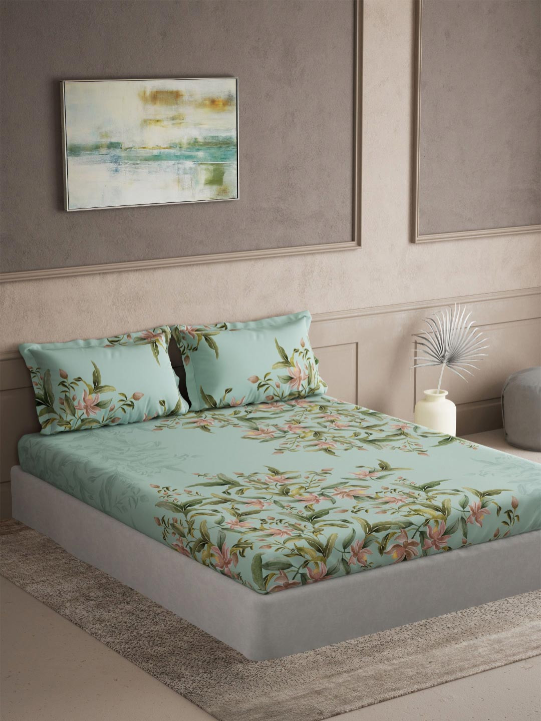 DDecor Green & Peach-Coloured Printed 145TC Cotton King Bedsheet Set 2.54 m x 2.74 m