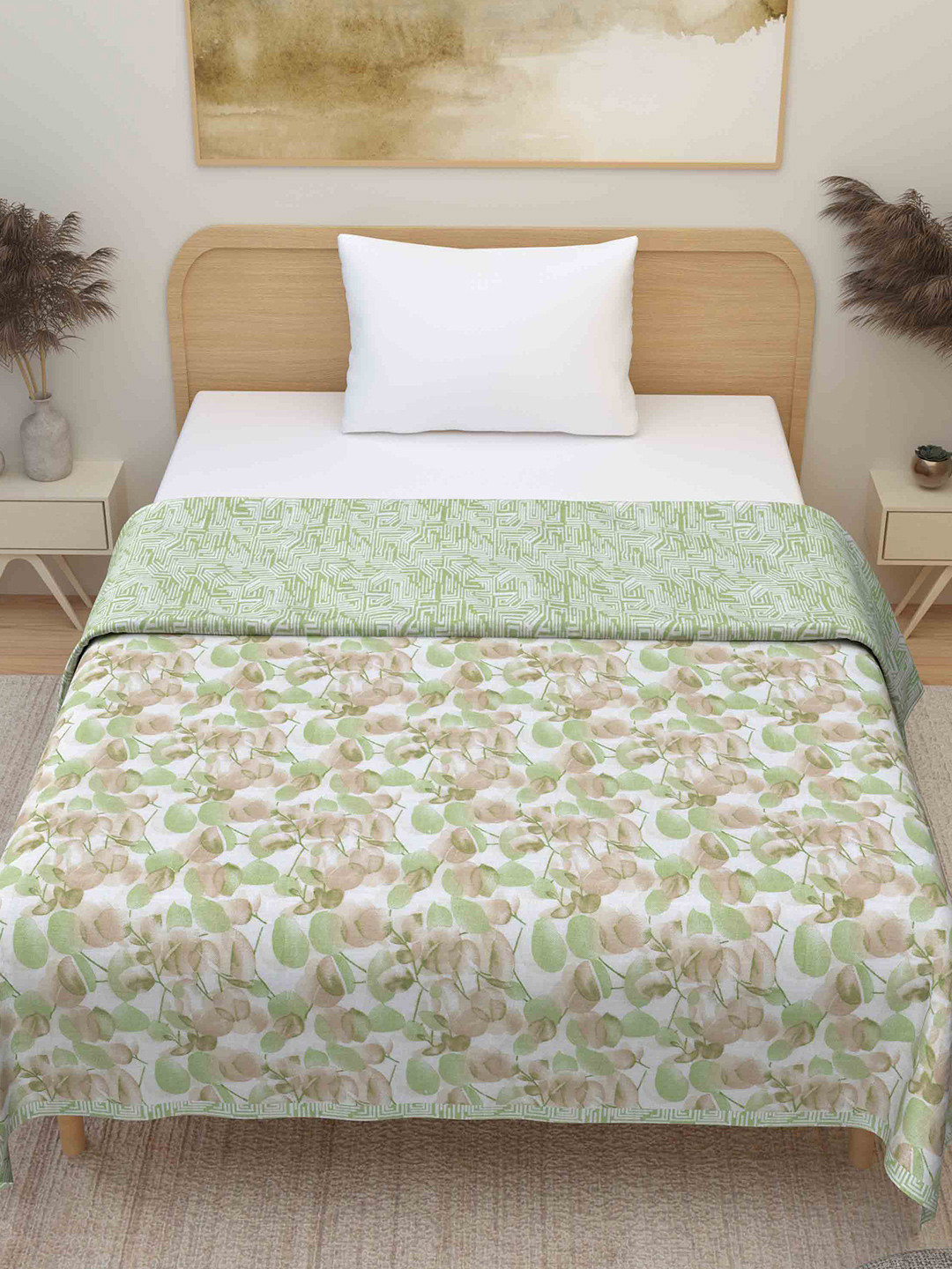 Plarsh Comfort Premium Soft Flannel Green Printed Pure Cotton Reversible Single Bed
