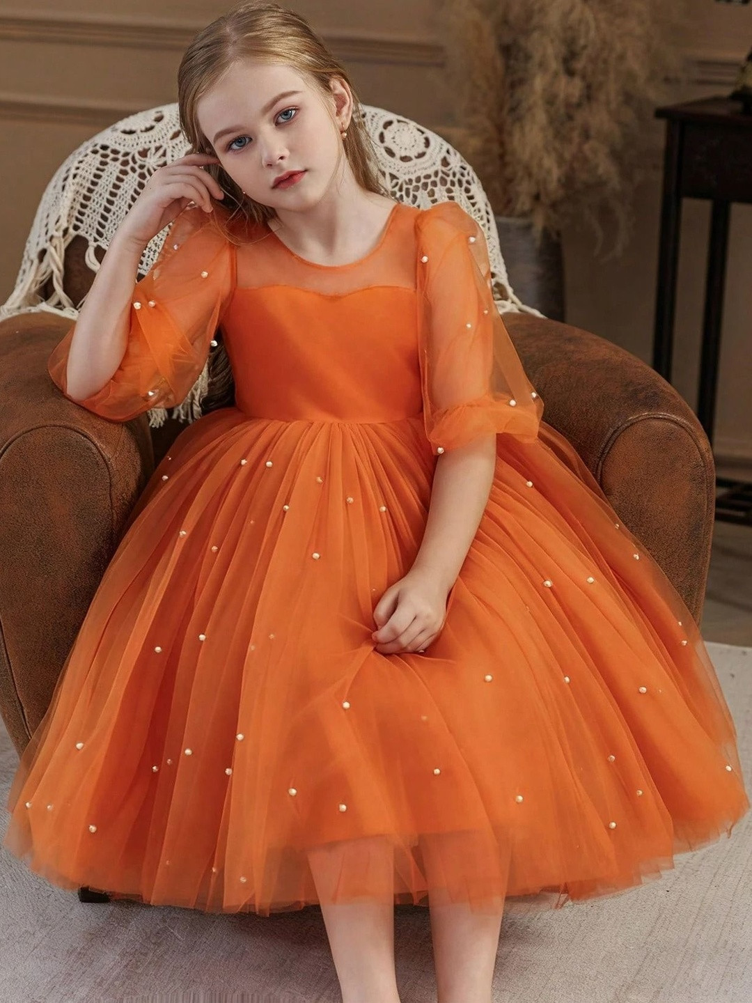 SHUBH BELLA Embellished Puff Sleeve Ruffled Net A-Line Dress