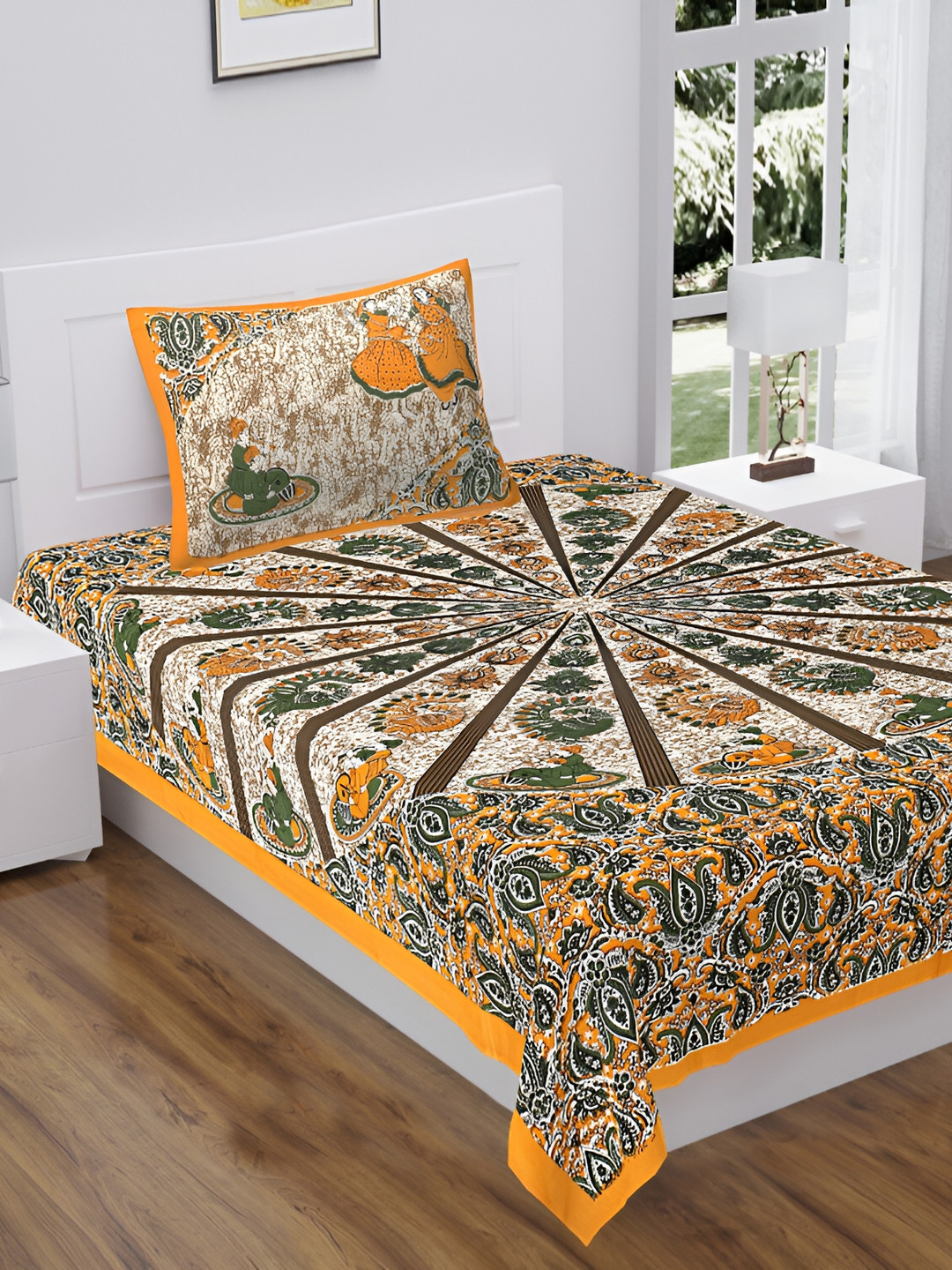 UNIBLISS Brown Ethnic Motifs Printed 144 TC Cotton Single Bedsheet with 1 Pillow Cover