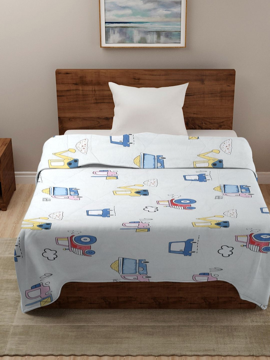HOSTA HOMES White & Blue Cartoon Characters AC Room 210 GSM Single Bed Comforter