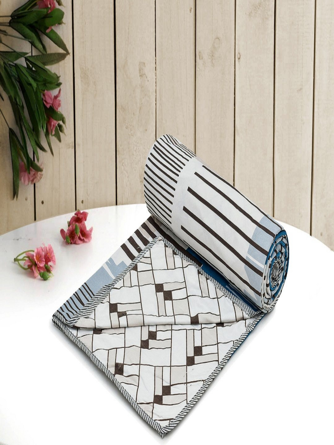 RRC Blue & White Striped Microfiber AC Room 150 GSM Double Bed Dohar
