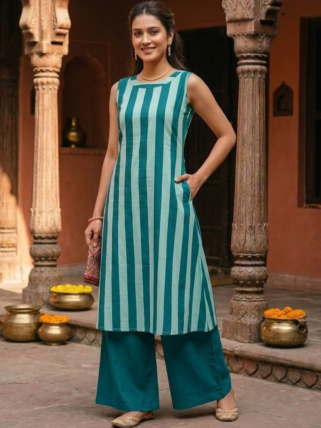 BASABI Women Striped Round Neck Regular A-Line Pure Cotton Kurta with Palazzos