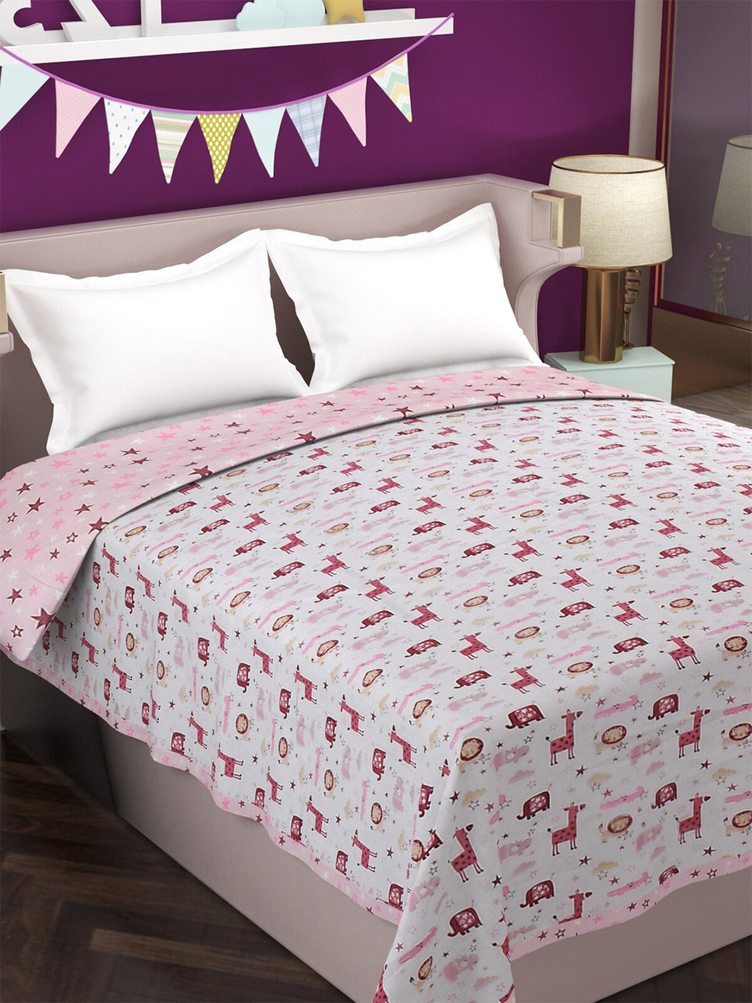 Florida Pink & White Printed Reversible AC Room 120 GSM Cotton Double Bed Dohar