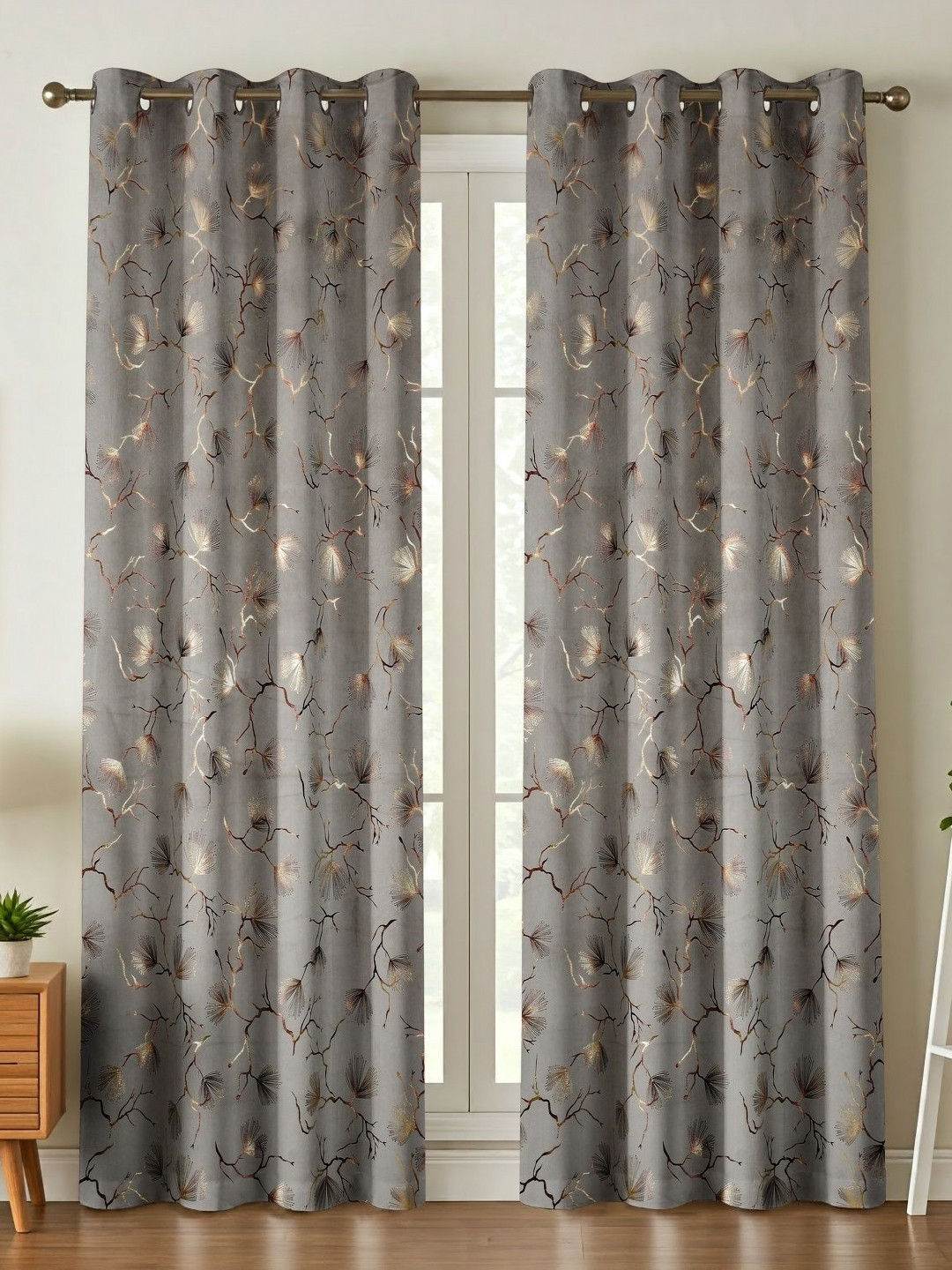Galaxy Home Decor Grey 2 Pieces Floral Velvet Room Darkening Long Door Curtains