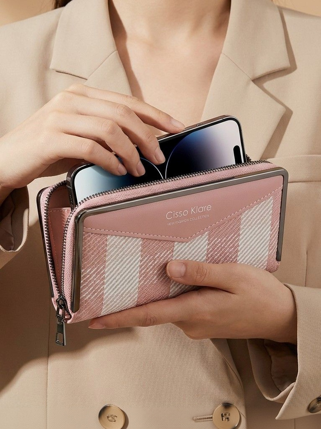 HotGown Women Striped Leather Zip Around Wallet