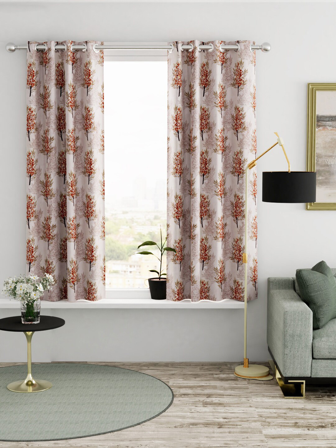 KOPA Beige & Red Set of 2 Floral Window Curtains